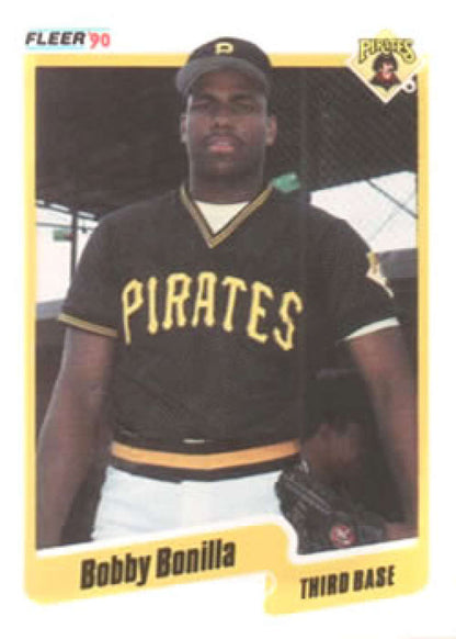 1990 Fleer baseball card of Bobby Bonilla in black and gold Pittsburgh Pirates uniform