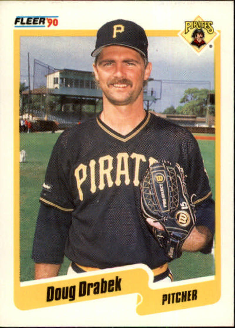 1990 Fleer Doug Drabek baseball card featuring Pittsburgh Pirates pitcher in black uniform