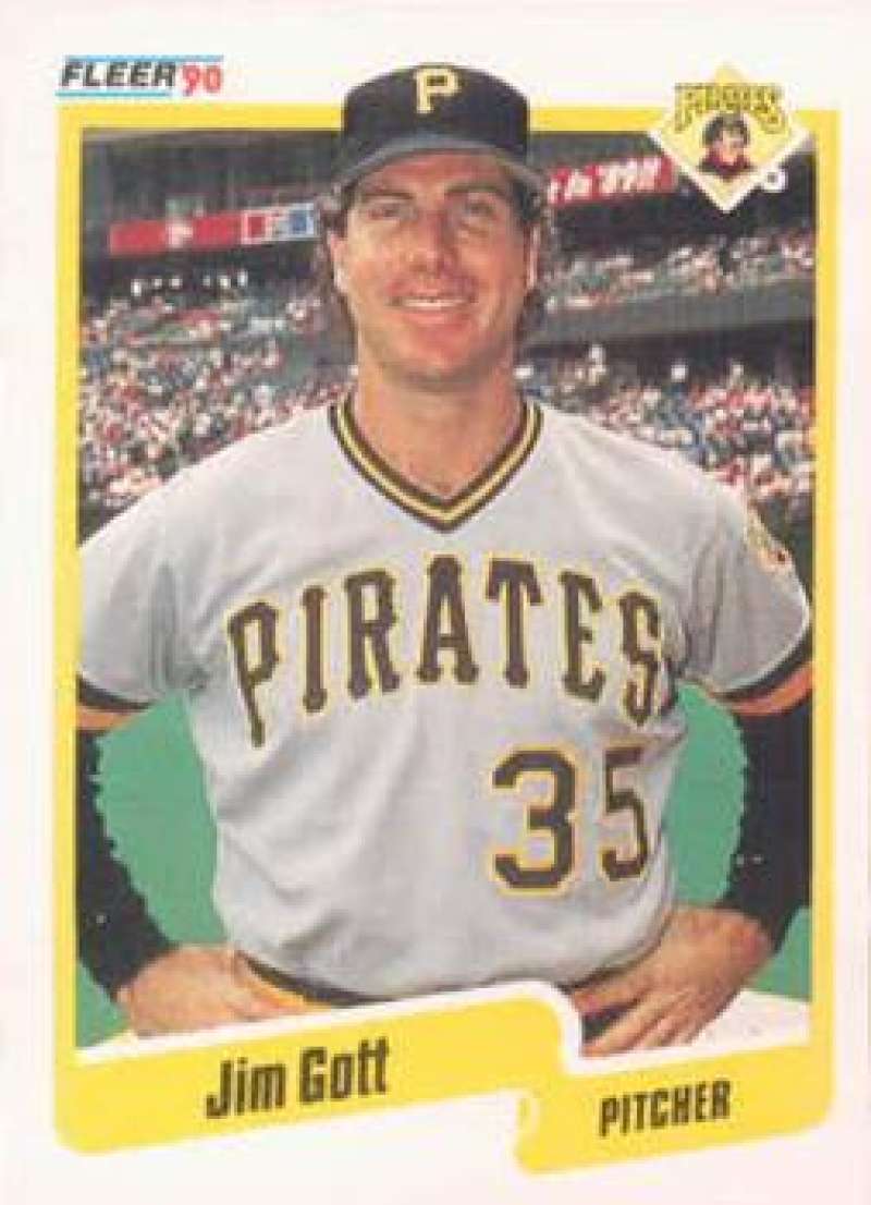 1990 Fleer Jim Gott Baseball Card featuring Pittsburgh Pirates pitcher in gray uniform