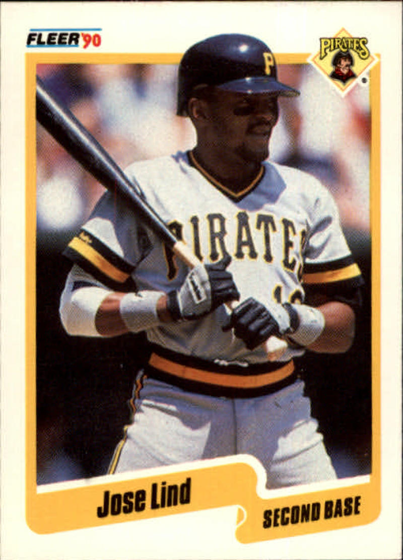 1990 Fleer baseball card of Jose Lind, Pittsburgh Pirates second baseman at bat