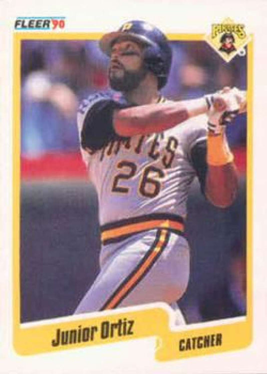 1990 Fleer Baseball Card of Junior Ortiz Swinging for the Pittsburgh Pirates