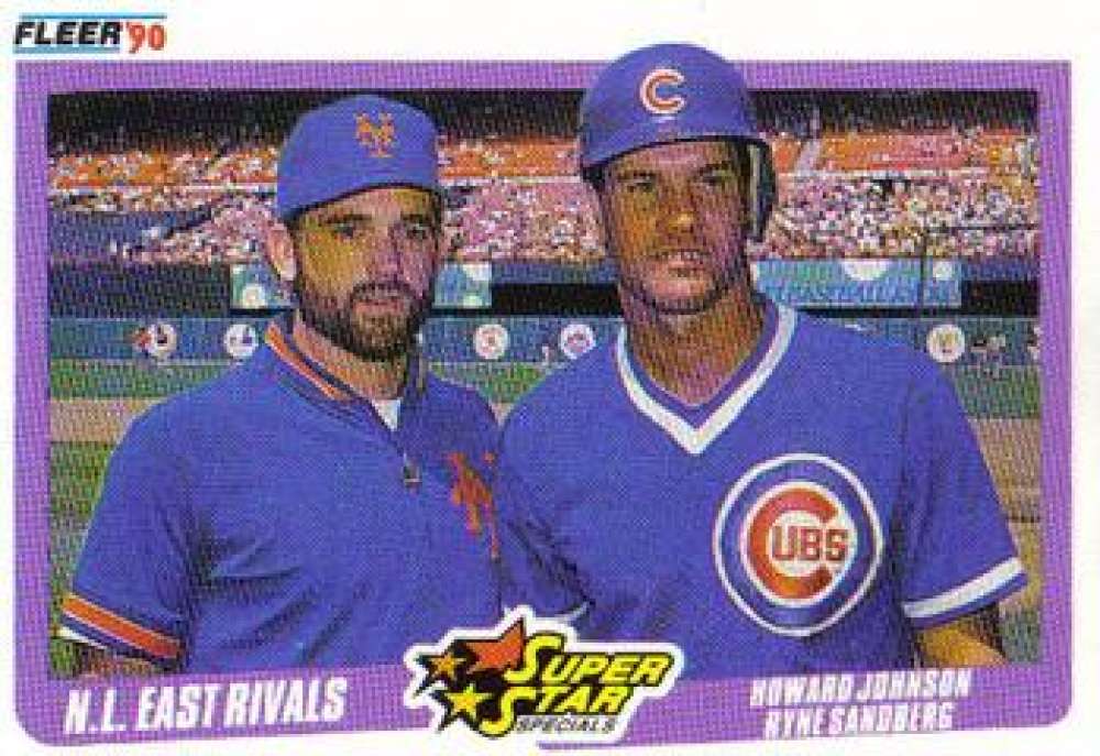 1990 Fleer baseball card featuring Howard Johnson and Ryne Sandberg in Mets and Cubs uniforms