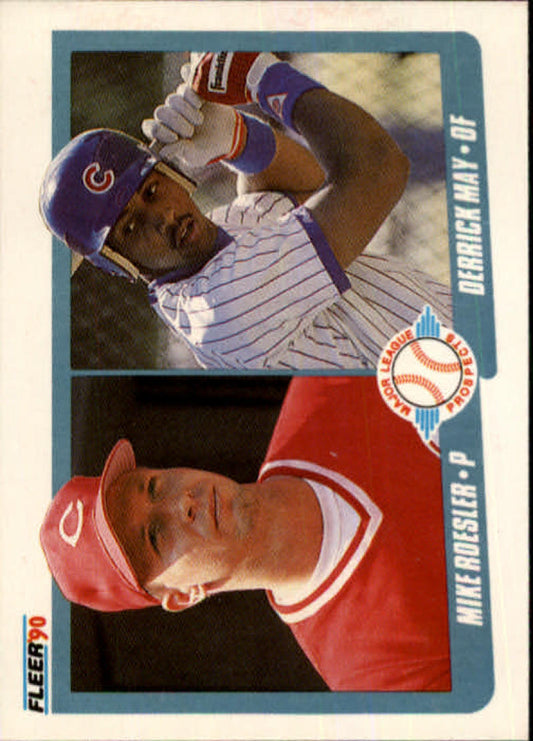 1990 Fleer #645 Mike Roesler/Derrick May baseball card featuring Cincinnati Reds and Chicago Cubs uniforms