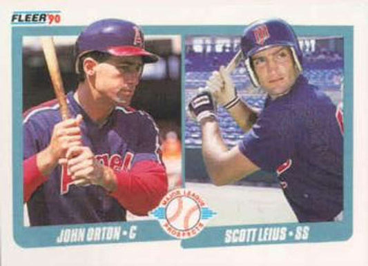 Baseball card featuring John Orton and Scott Leius in batting poses for Angels team