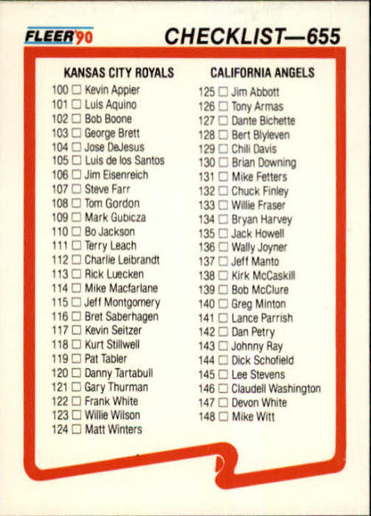 Baseball card checklist featuring Kansas City Royals and California Angels players