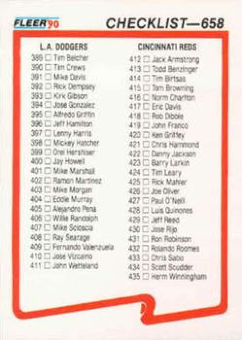 Baseball card checklist for Cincinnati Reds players in 1990 Fleer Dodgers/Reds set