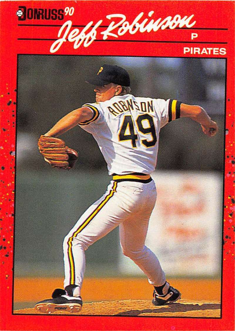 Jeff Robinson, Pittsburgh Pirates pitcher in delivery, featured on baseball card