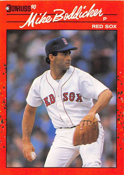 Red-bordered 1990 Donruss baseball card of Mike Boddicker, Boston Red Sox pitcher