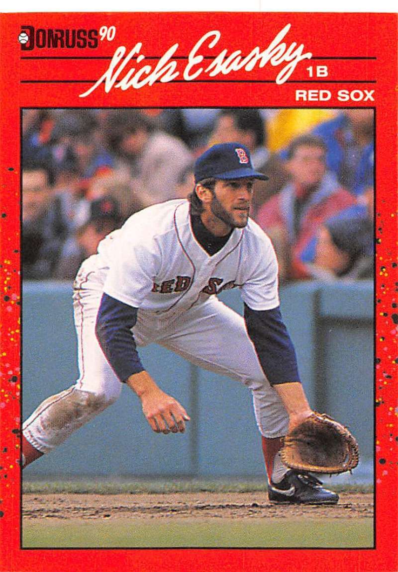 Red baseball card of Nick Esasky in fielding position for Boston Red Sox trading cards