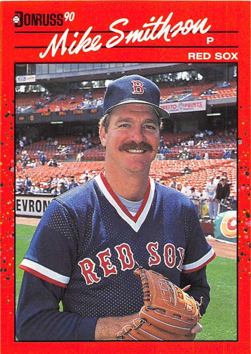 1990 Donruss baseball card of Mike Smithson, Boston Red Sox pitcher in navy jersey