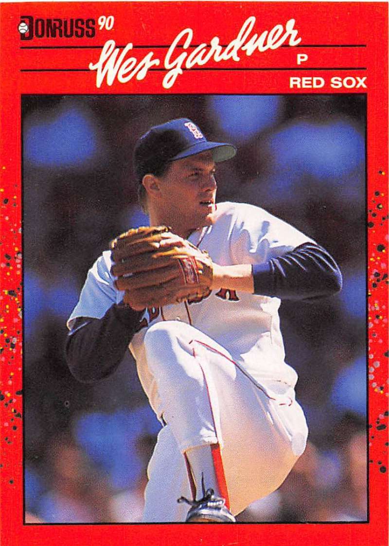 1990 Donruss baseball card of Red Sox pitcher Wes Gardner in mid-delivery action