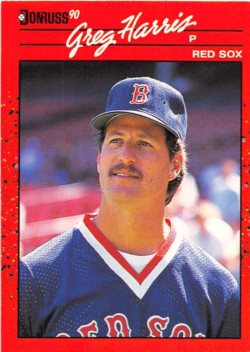 1990 Donruss baseball card of Greg Harris, Red Sox pitcher in blue jersey and cap