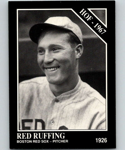 Black and white baseball card of Red Ruffing in Boston Red Sox uniform smiling