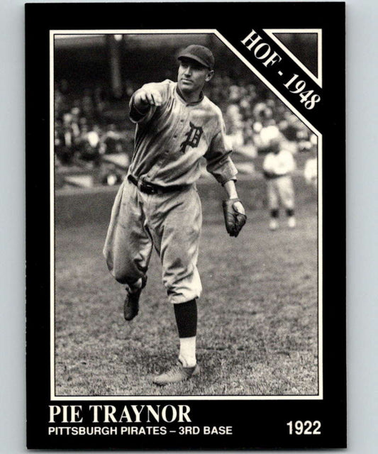 Black and white baseball card of Pie Traynor in mid-throw from Conlon Collection