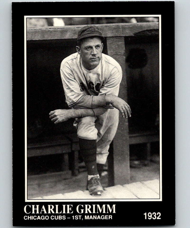 Black and white photo of Charlie Grimm in Cubs uniform for Chicago Cubs baseball card