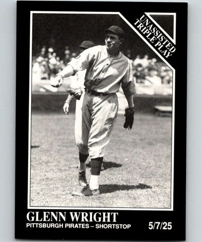 Black and white image of Glenn Wright in classic Pittsburgh Pirates uniform, mid-pitching