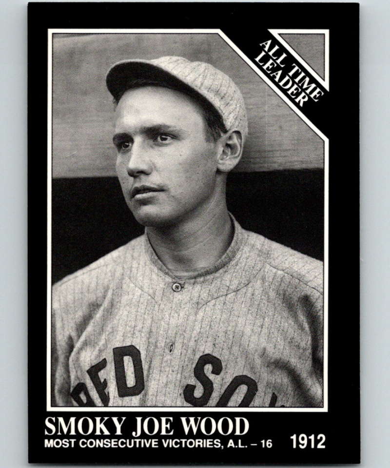 Black and white baseball card of Smoky Joe Wood in Red Sox pinstriped uniform