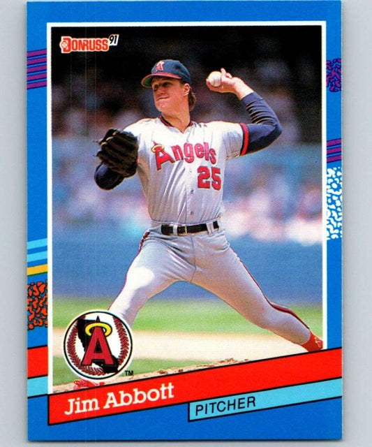 Jim Abbott throwing a pitch in a California Angels uniform on a 1991 Donruss baseball card