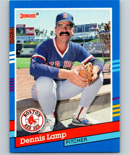 1991 Donruss Dennis Lamp Baseball Card of Boston Red Sox Pitcher in Dugout