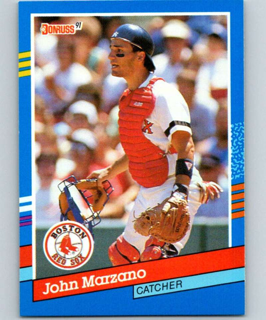 1991 Donruss #346 John Marzano Boston Red Sox catcher in action baseball card