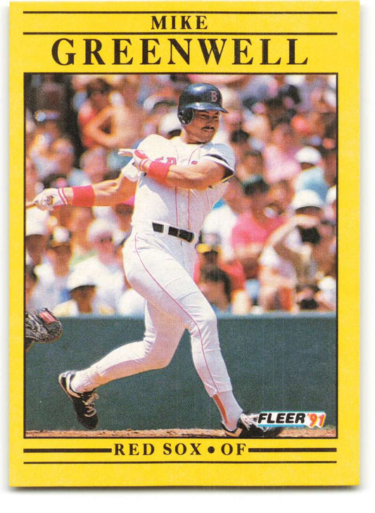 Yellow baseball card of Mike Greenwell, Boston Red Sox outfielder at bat