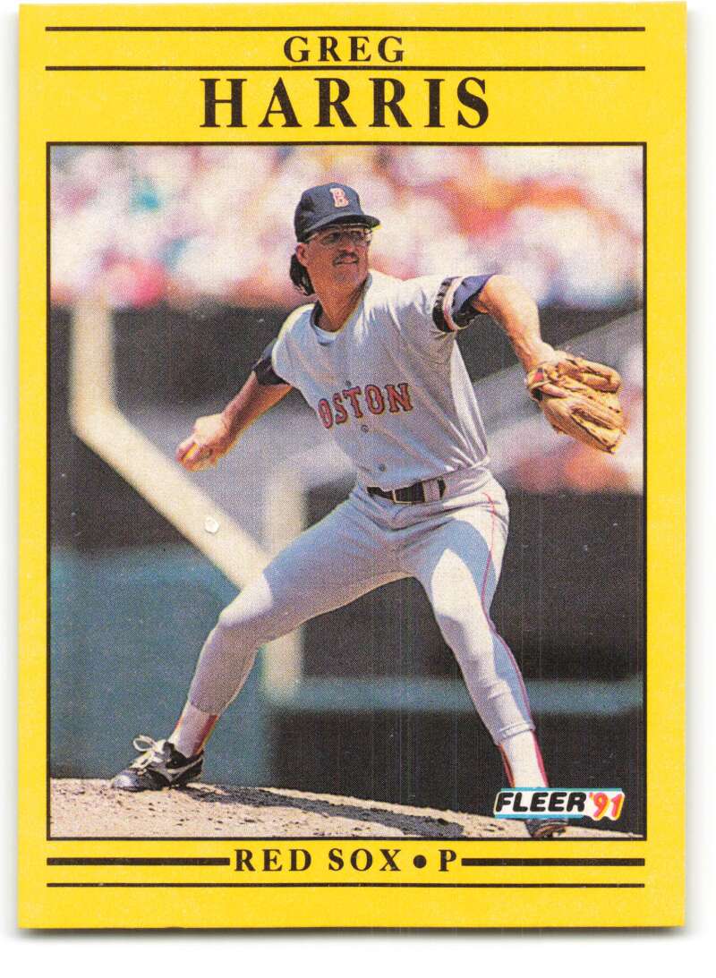 Yellow-bordered Fleer baseball card of Greg Harris, Red Sox pitcher in mid-delivery