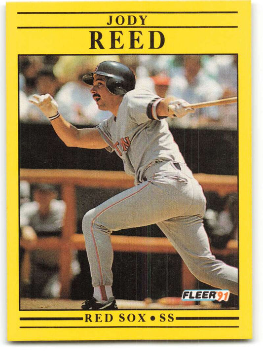 Yellow-bordered baseball card of Jody Reed, Boston Red Sox player in batting stance