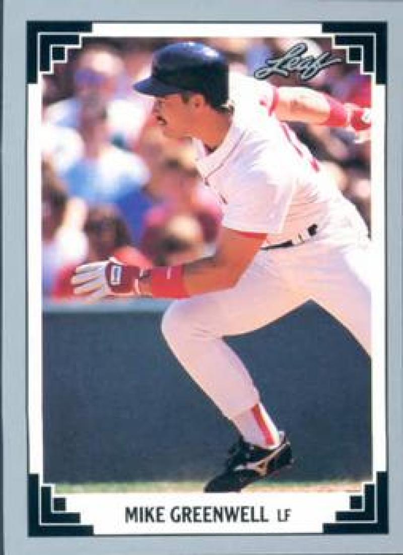 1991 Leaf #19 Mike Greenwell Sox Baseball Card featuring a Boston Red Sox player running