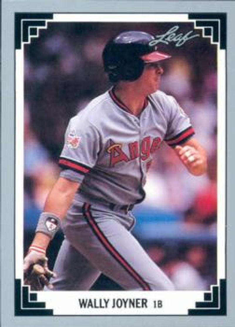 Baseball card of Wally Joyner in gray uniform with California Angels at bat