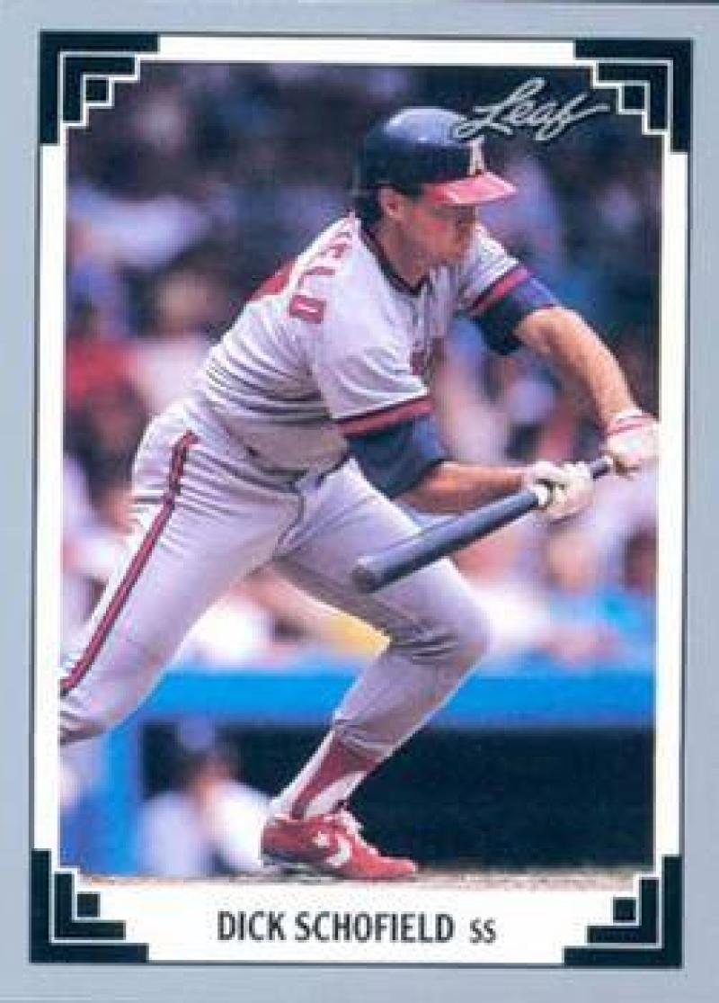 Dick Schofield in California Angels uniform preparing to bunt for Angels baseball card