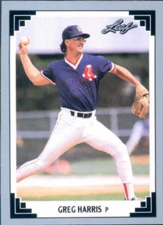 Baseball player in Boston Red Sox uniform pitching, featured on Greg Harris baseball card