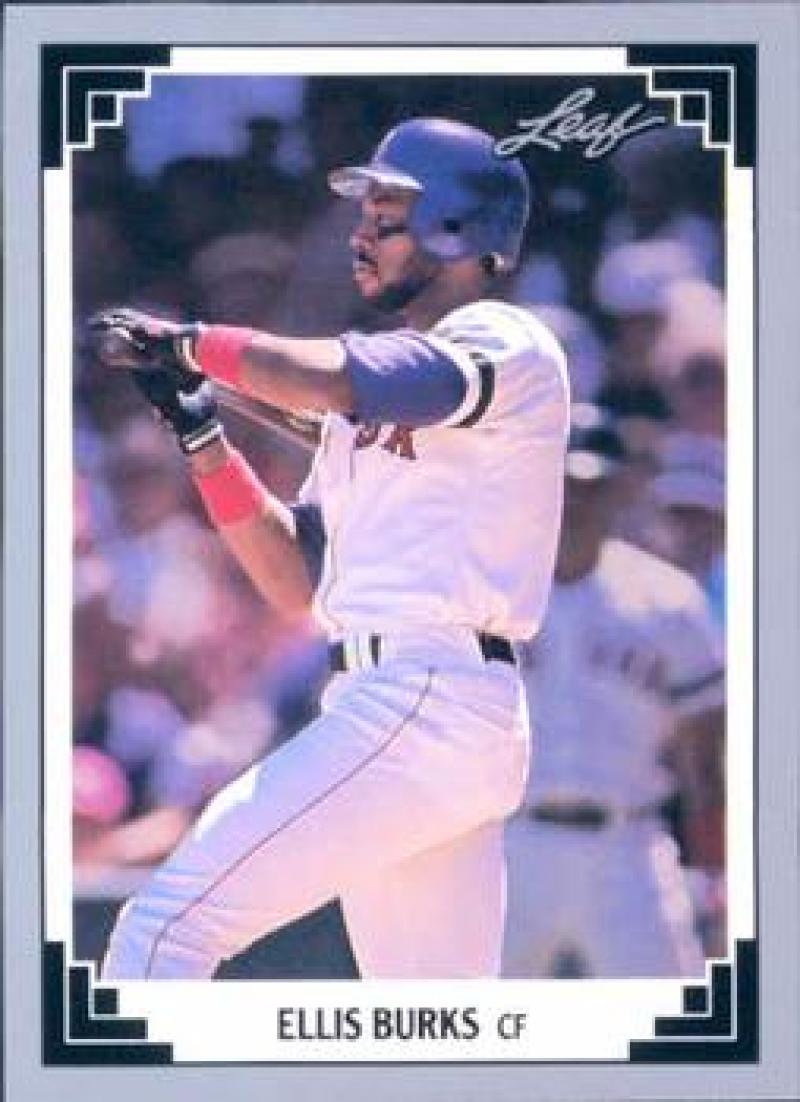 Baseball player in white uniform swinging bat, featuring Ellis Burks of Boston Red Sox