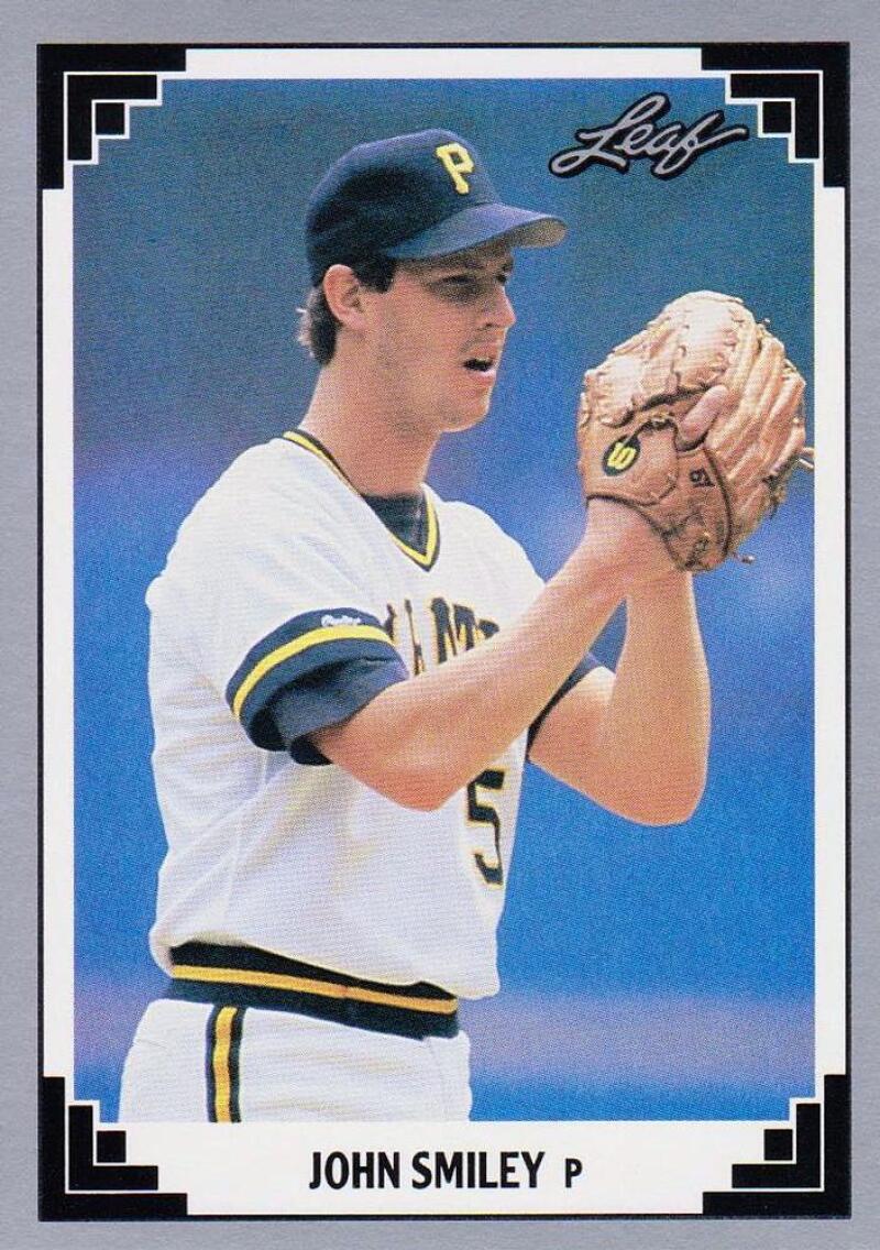 Baseball card of John Smiley, Pittsburgh Pirates pitcher in white and yellow uniform