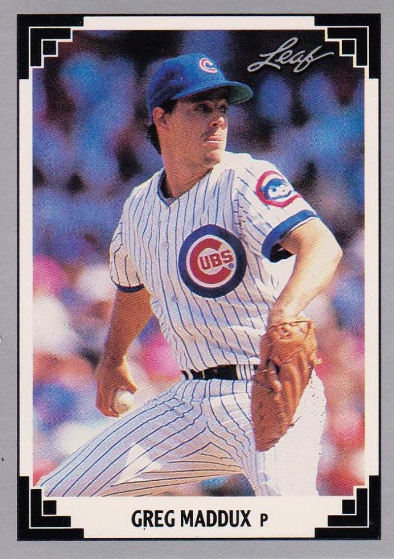 Greg Maddux Chicago Cubs baseball card with pitcher in white pinstriped uniform