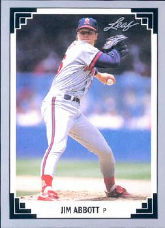 Jim Abbott mid-throw pitching in white and red uniform on California Angels baseball card