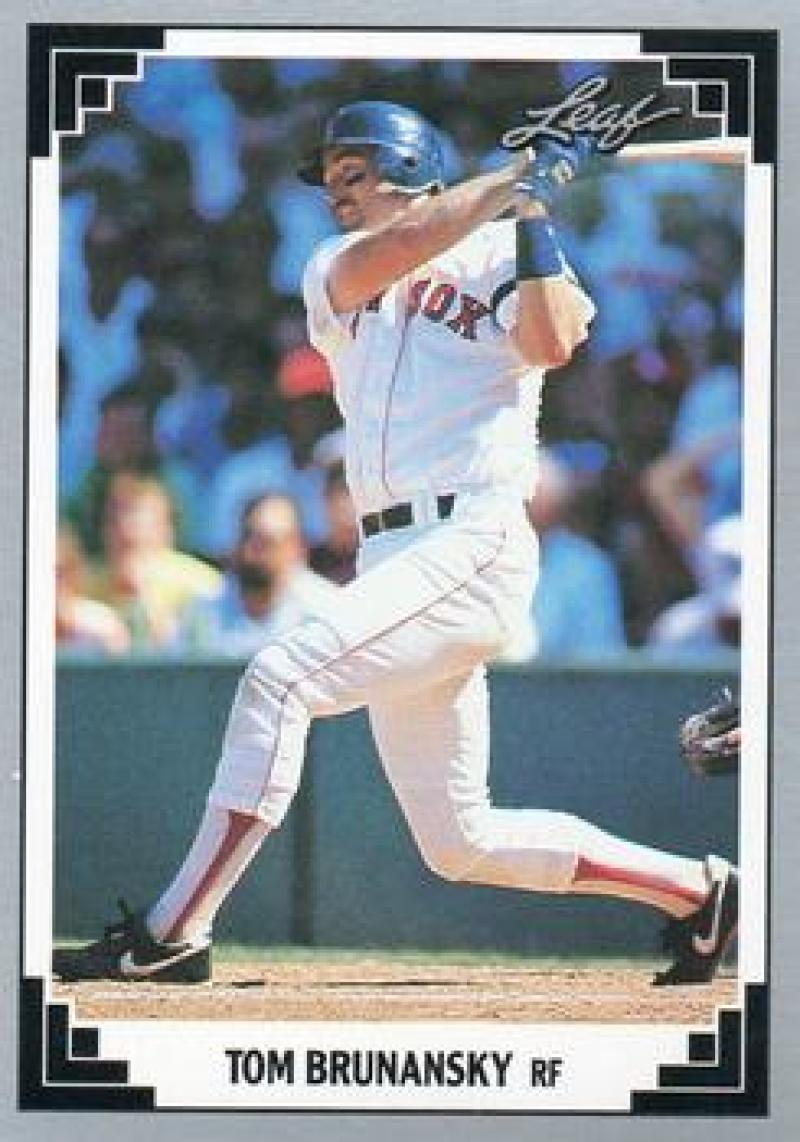 Boston Red Sox player Tom Brunansky swinging a bat in 1991 Leaf baseball card