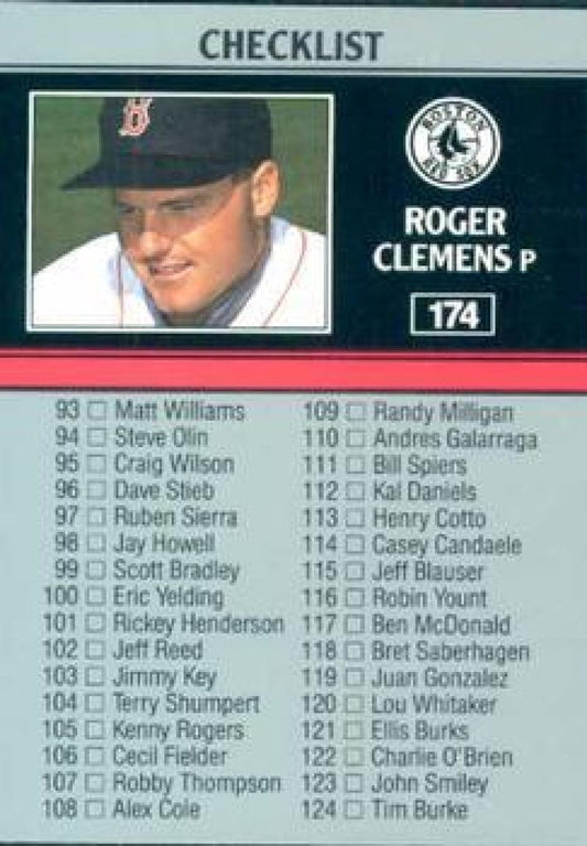 Baseball card of Roger Clemens with Red Sox and checklist from 1991 Leaf #174