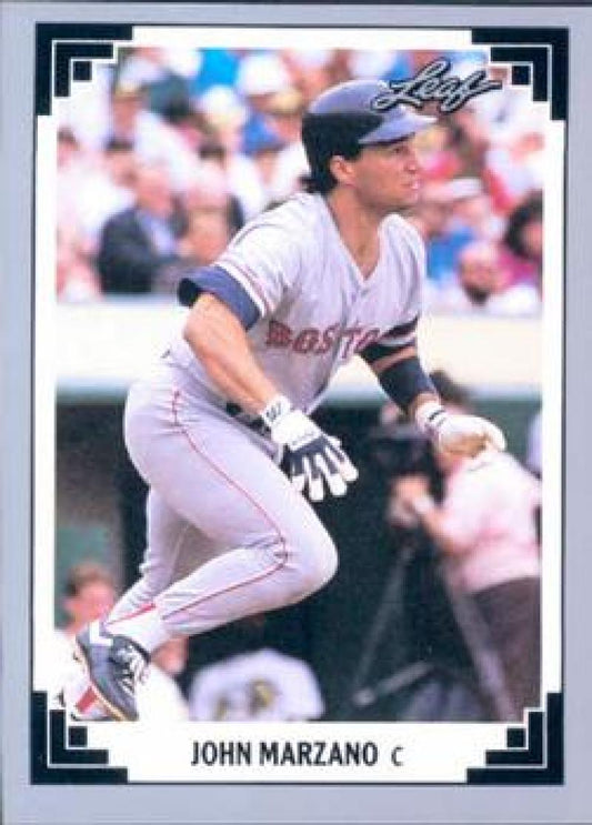 Boston Red Sox baseball card featuring John Marzano at bat in white uniform