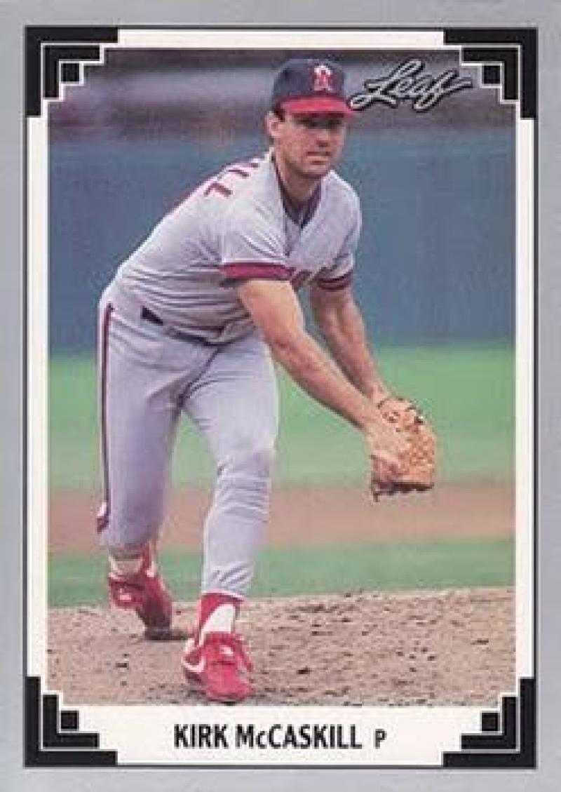 Baseball card of Kirk McCaskill pitching in gray uniform for California Angels