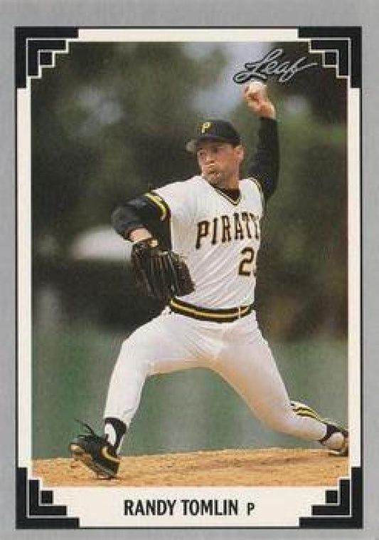 Randy Tomlin pitches on the mound in 1991 Leaf #203 Pittsburgh Pirates Baseball Card