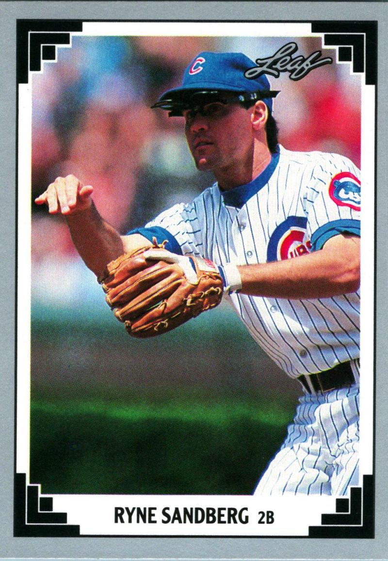 Ryne Sandberg in Chicago Cubs pinstriped uniform with glove, featured on baseball card