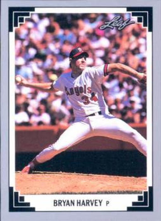 Bryan Harvey pitching in California Angels uniform on 1991 Leaf baseball card