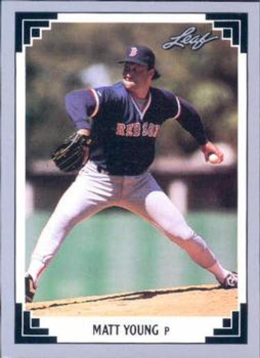 Red Sox pitcher Matt Young in delivery on 1991 Leaf #215 Boston Red Sox card