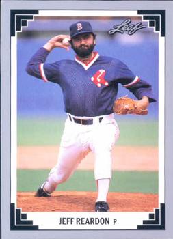 Baseball card of Jeff Reardon in navy uniform for Boston Red Sox mid-delivery pitch