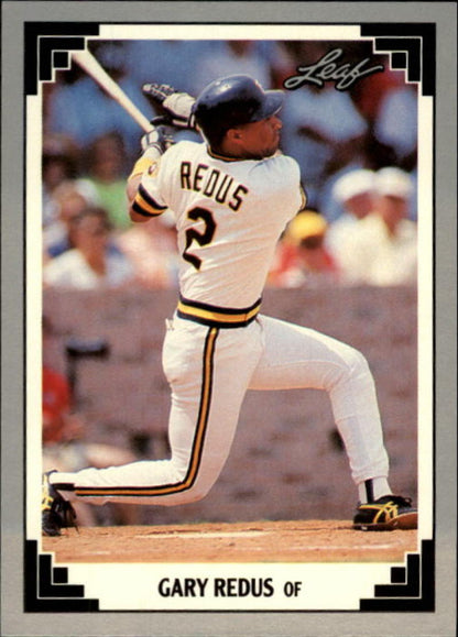 Gary Redus hitting in a white Pittsburgh Pirates uniform on his 1991 Leaf #254 card