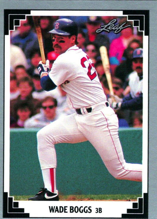 Red Sox baseball card featuring Wade Boggs at bat in white uniform for Boston Red Sox