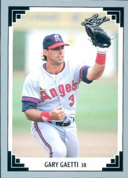 Baseball card of Gary Gaetti in white California Angels uniform with glove raised