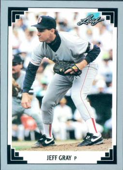 Baseball card of Jeff Gray in follow-through, Boston Red Sox gray uniform