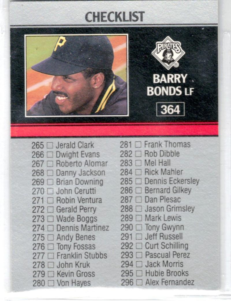 1991 Leaf #364 Barry Bonds Baseball Card checklist with Pittsburgh Pirates headshot