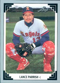 Lance Parrish in California Angels uniform crouching as a catcher on a baseball card